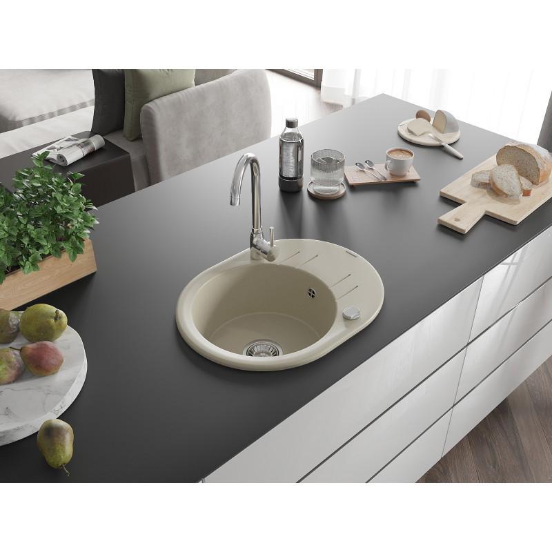 Mexen Kevin granitový dřez jednokomorový s odkapávačem 586 x 458 mm, béžový, sifon chrom - 6517581005-69