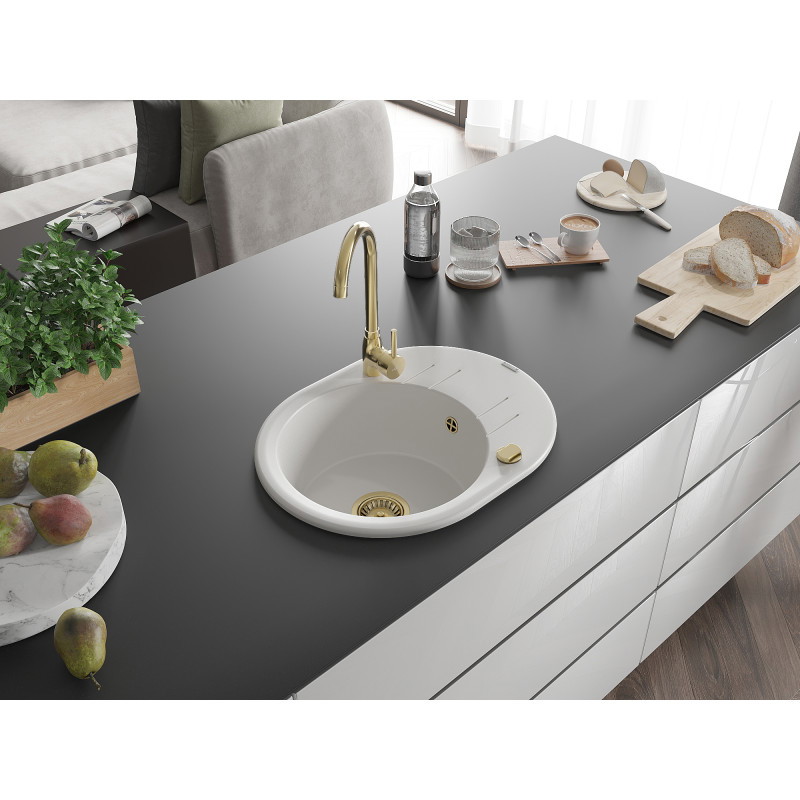 Mexen Kevin jednodřezový granitový dřez s odkapávačem 586 x 458 mm, bílý, zlatý sifon - 6517581005-20-G