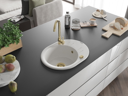 Mexen Kevin jednodřezový granitový dřez s odkapávačem 586 x 458 mm, bílý, zlatý sifon - 6517581005-20-G