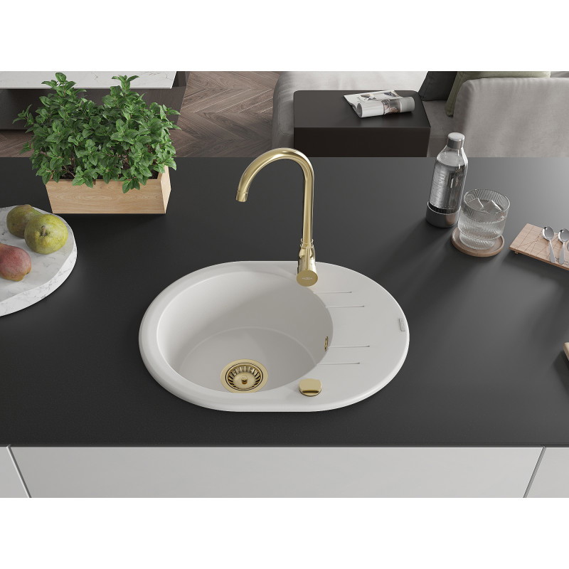 Mexen Kevin jednodřezový granitový dřez s odkapávačem 586 x 458 mm, bílý, zlatý sifon - 6517581005-20-G