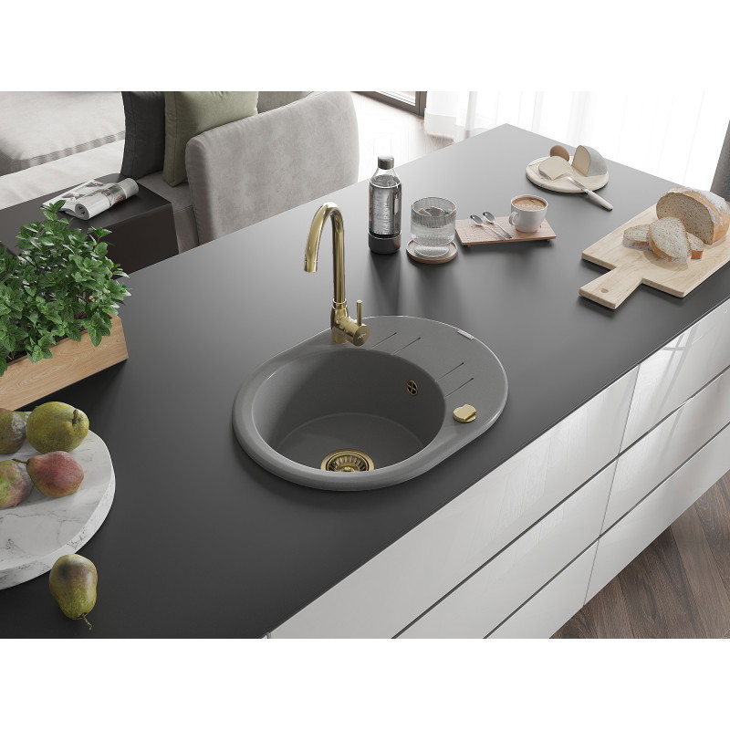 Mexen Kevin granitový dřez s jednou komorou a odkapávačem 586 x 458 mm, šedý, sifon zlatý - 6517581005-71-G