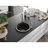 Mexen Kevin granitový dřez 1-komorový s odkapávačem 586 x 458 mm, černý/stříbrný metalik, sifon zlatý
