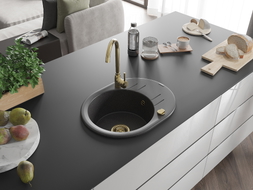 Mexen Kevin granitový kuchyňský dřez 1-komorový s odkapávačem 586 x 458 mm, černý s tečkami, zlatý sifon