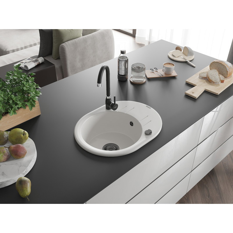 Mexen Kevin granitový dřez s 1 komorou a odkapávačem 586 x 458 mm, bílý, černý sifon - 6517581005-20-B