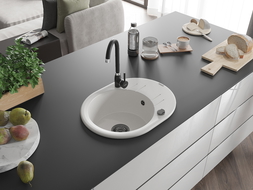 Mexen Kevin granitový dřez 1-komorový s odkapávačem 586 x 458 mm, bílý, černý sifon - 6517581005-20-B