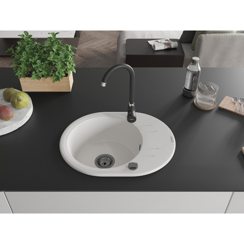 Mexen Kevin granitový dřez s 1 komorou a odkapávačem 586 x 458 mm, bílý, černý sifon - 6517581005-20-B