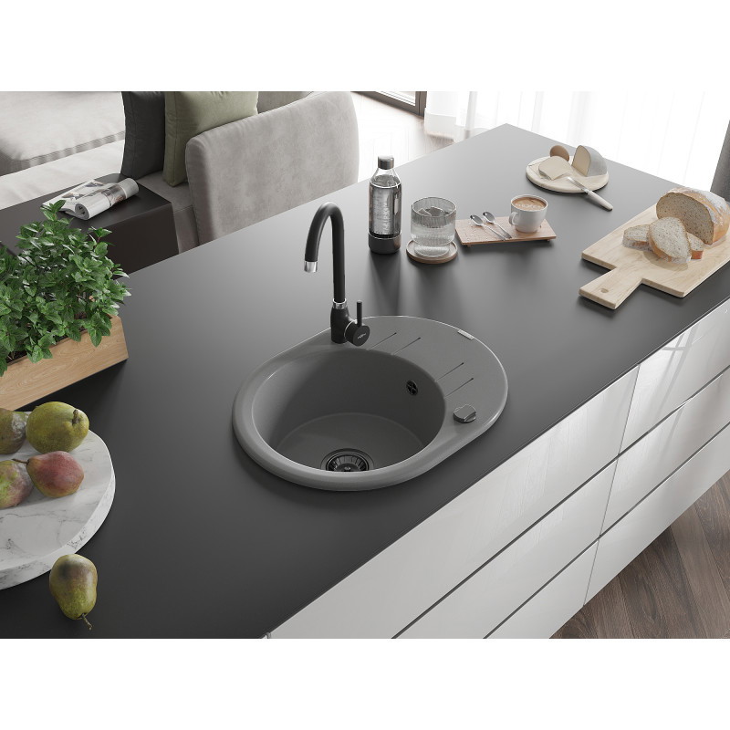 Mexen Kevin granitový jednodřez s odkapávačem 586 x 458 mm, šedý, černý sifon - 6517581005-71-B