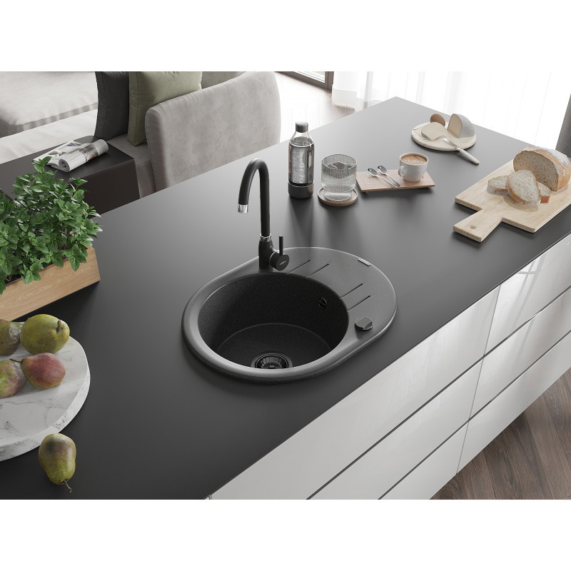 Mexen Kevin granitový dřez s odkapávačem 1-komorový 586 x 458 mm, černý s tečkami, černý sifon - 6517581005-76-B
