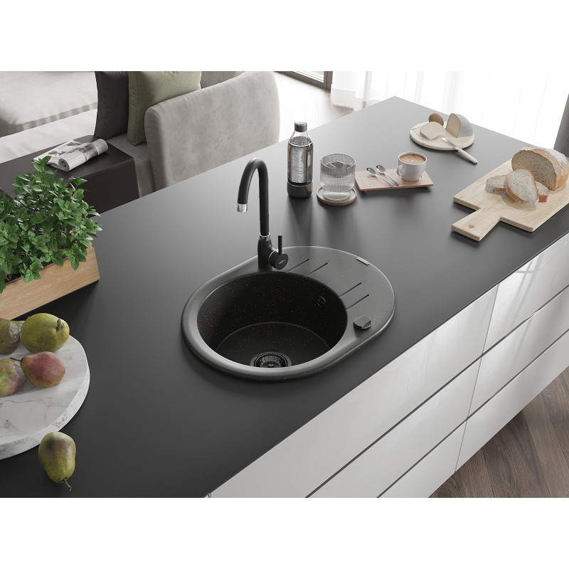 Mexen Kevin granitový dřez 1-komorový s odkapávačem 586 x 458 mm, černý/zlatý metalik, černý sifon - 6517581005-75-B