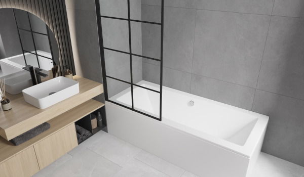 Obdélníková vana s paravánem v minimalistickém stylu